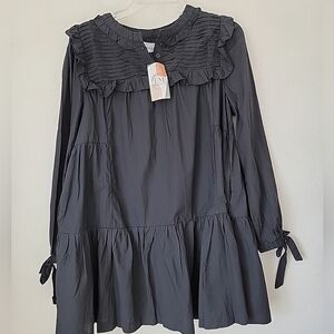 Babydoll Mini Dress black Poplin Pockets Tiered New